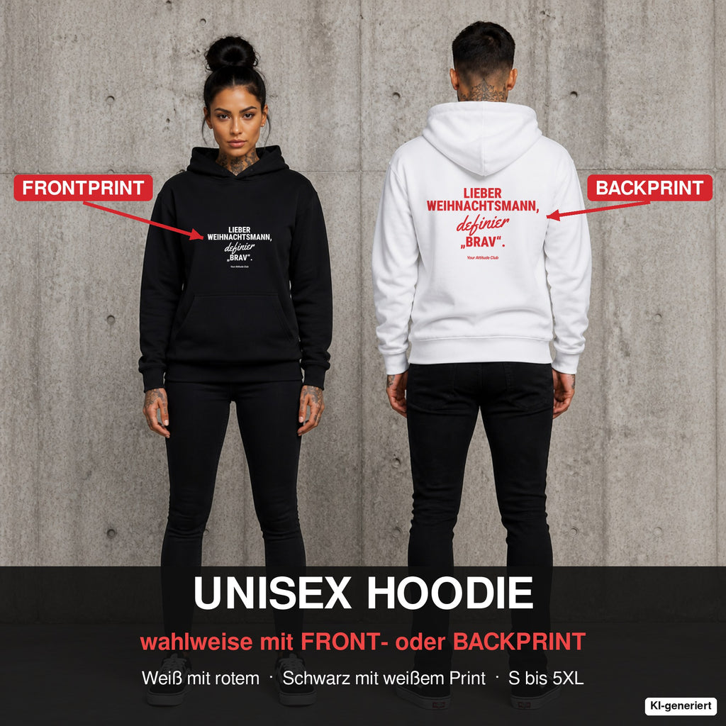 Lieber Weihnachtsmann, definier brav – Hoodie wahlweise mit Front- oder Backprint, Paar vor Betonwand