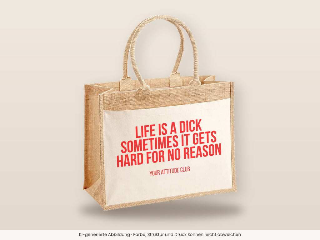 Life is a dick sometimes it gets hard for no reason – Jutetasche mit Spruch, große Jutetasche, Detailansicht