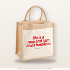 Life is a race and i am lewis hamilton – Jutetasche mit Spruch, mittlere Jutetasche 30 × 30 cm