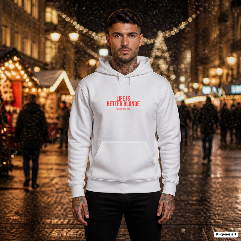 Life is better blonde – weißer Hoodie mit rotem Frontprint, Herren auf dem Weihnachtsmarkt