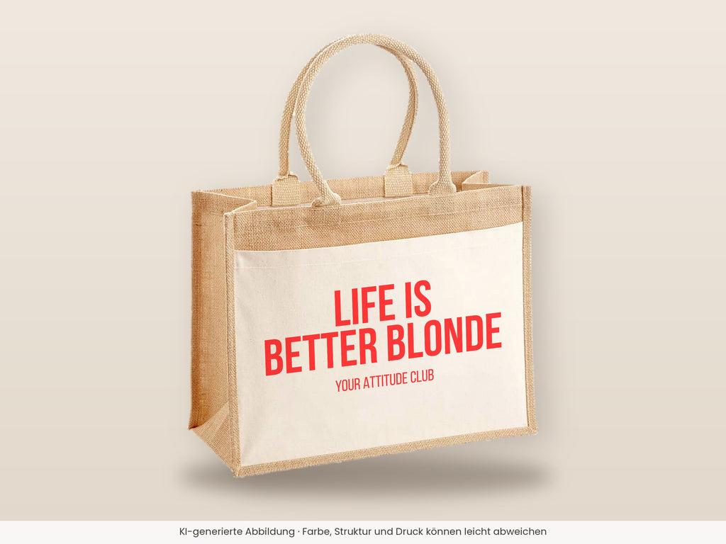 Life is better blonde – Jutetasche mit Spruch, große Jutetasche, Detailansicht