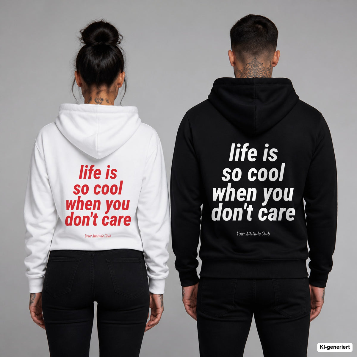 Life is so cool when you don't care – Hoodie mit Backprint, Frau in Weiß mit rotem und Mann in Schwarz mit weißem Aufdruck