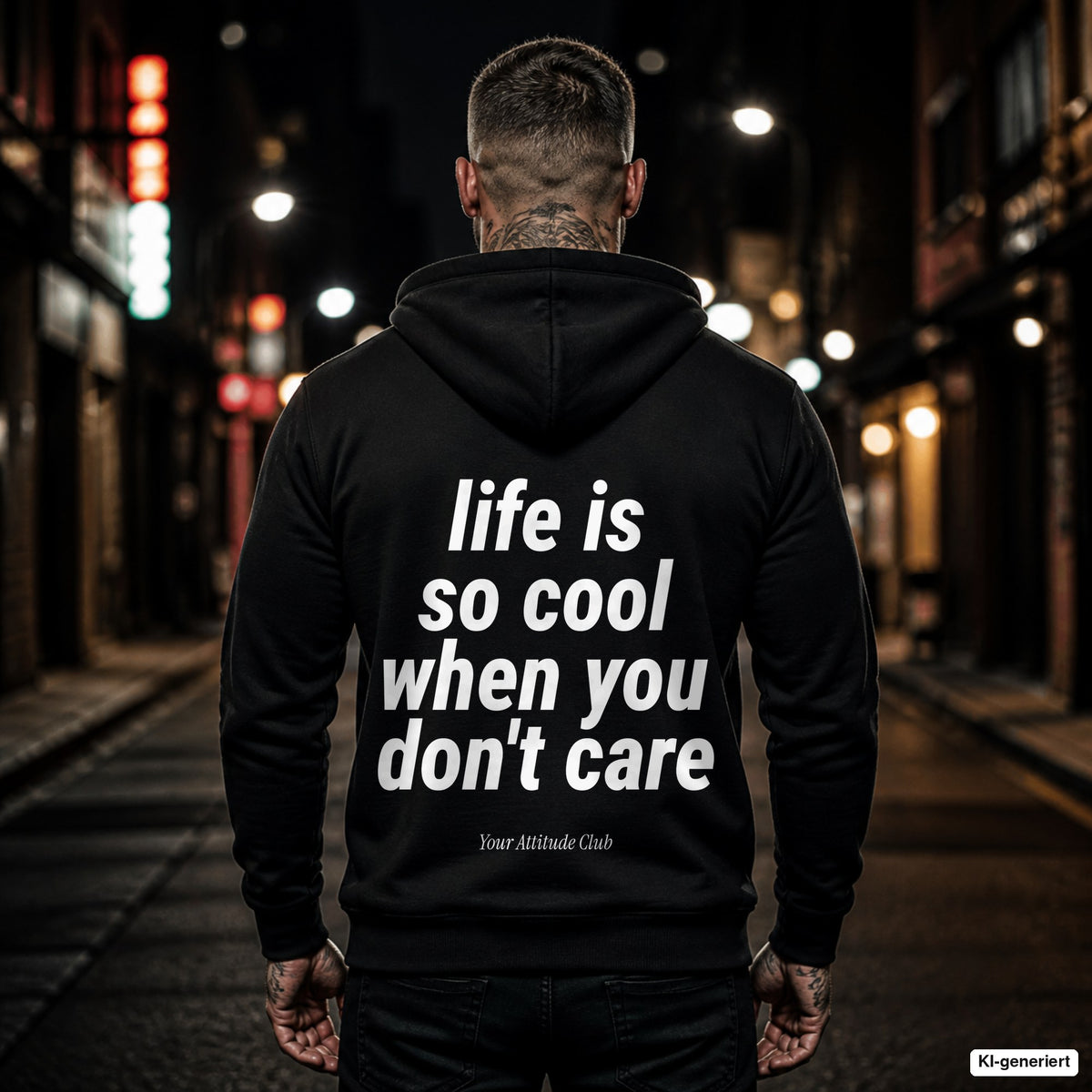 Life is so cool when you don't care – schwarzer Hoodie mit weißem Backprint, Herren in der Stadt bei Nacht