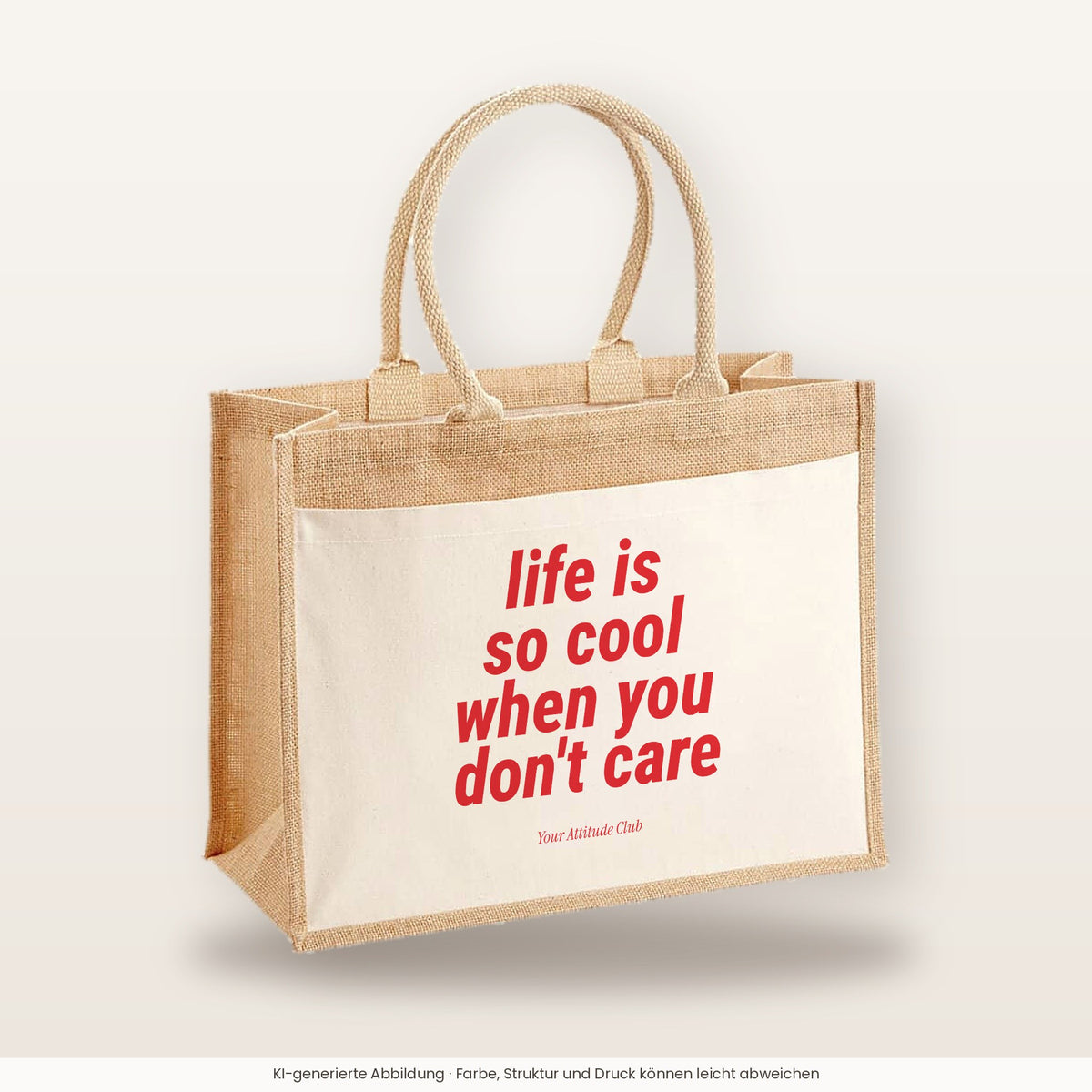 Life is so cool when you don't care – Jutetasche mit Spruch, große Jutetasche, Produktansicht
