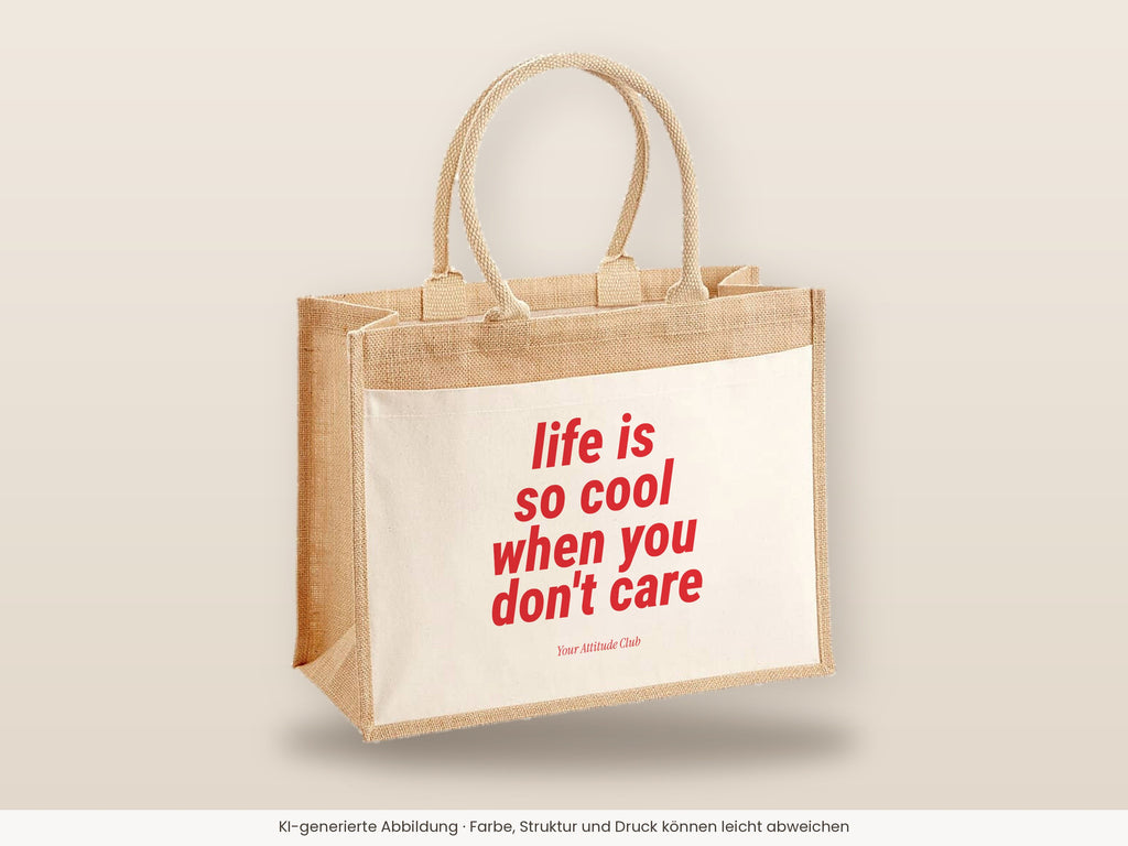 Life is so cool when you don't care – Jutetasche mit Spruch, große Jutetasche, Detailansicht