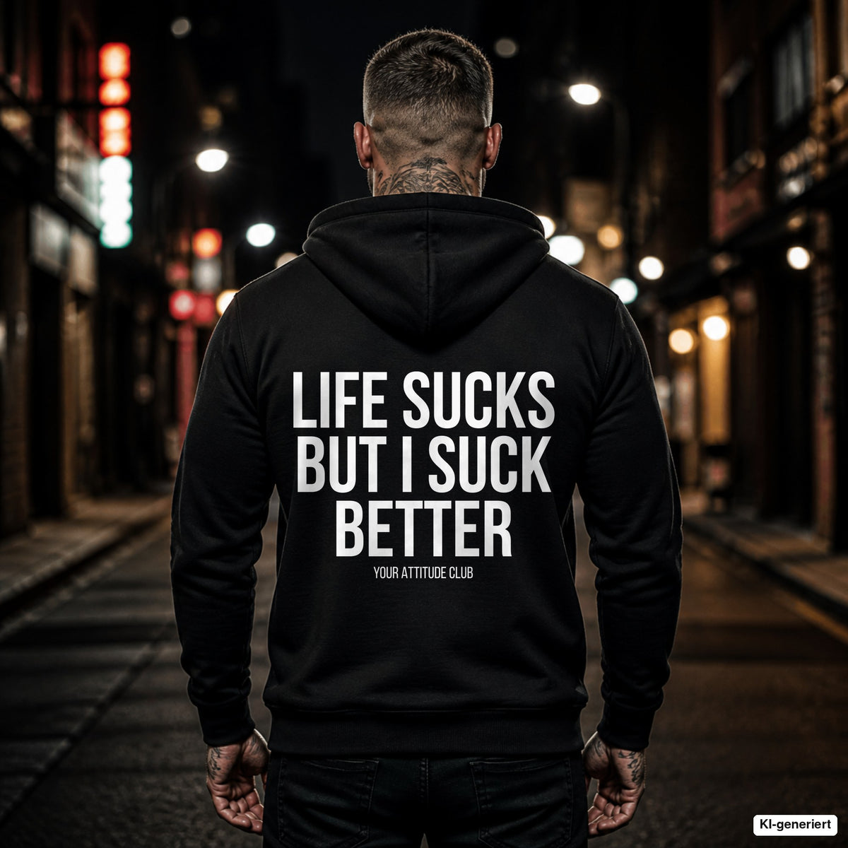 Life sucks but I suck better – schwarzer Hoodie mit weißem Backprint, Herren in der Stadt bei Nacht