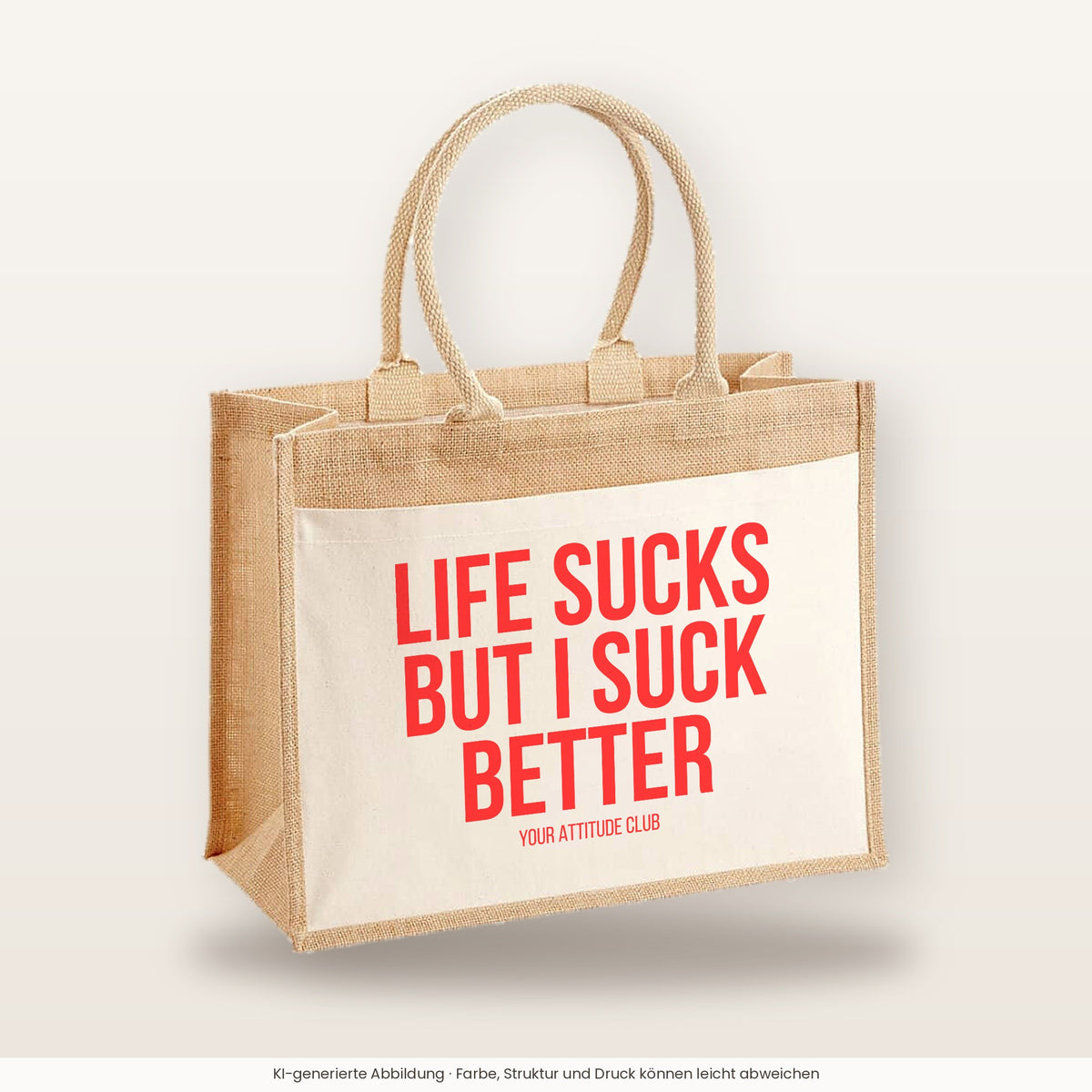 Life sucks but I suck better – Jutetasche mit Spruch, große Jutetasche, Produktansicht