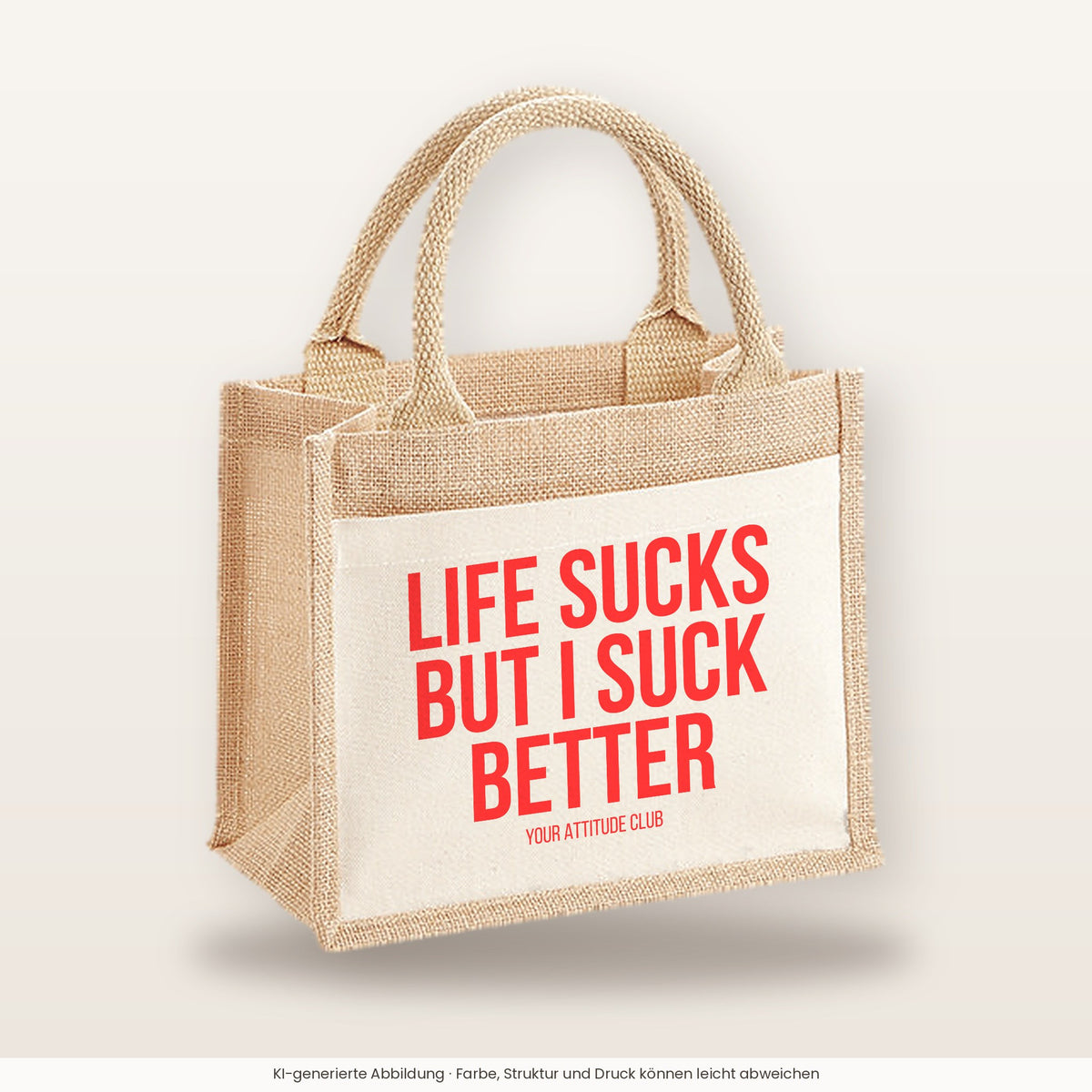 Life sucks but I suck better – Jutetasche mit Spruch, kleine Jutetasche 26 × 22 cm