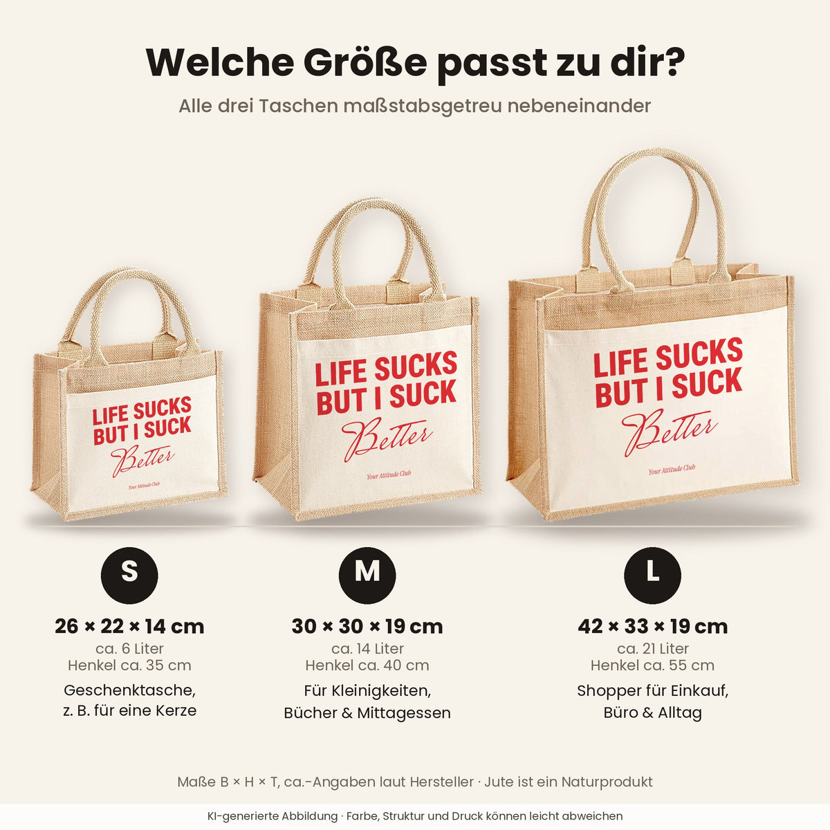 Life Sucks But I Suck Better – Jutetasche mit Spruch, Größenvergleich klein, mittel, groß