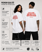 LIFE IS A DICK SOMETIMES IT GETS HARD FOR NO REASON – weißes Oversize Unisex Shirt, roter Backprint, lustiges Spruchshirt, schwarzer Humor