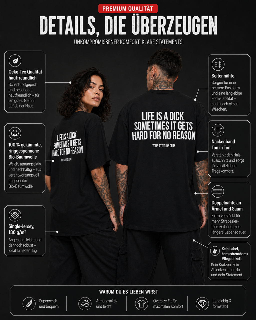 LIFE IS A DICK SOMETIMES IT GETS HARD FOR NO REASON – weißes Oversize Unisex Shirt, roter Backprint, lustiges Spruchshirt, schwarzer Humor