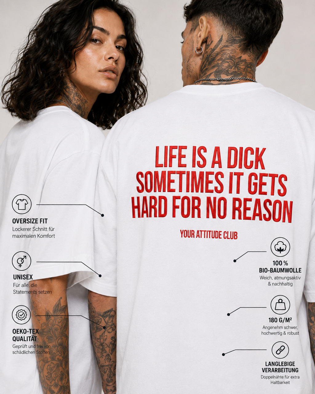 LIFE IS A DICK SOMETIMES IT GETS HARD FOR NO REASON – weißes Oversize Unisex Shirt, roter Backprint, lustiges Spruchshirt, schwarzer Humor