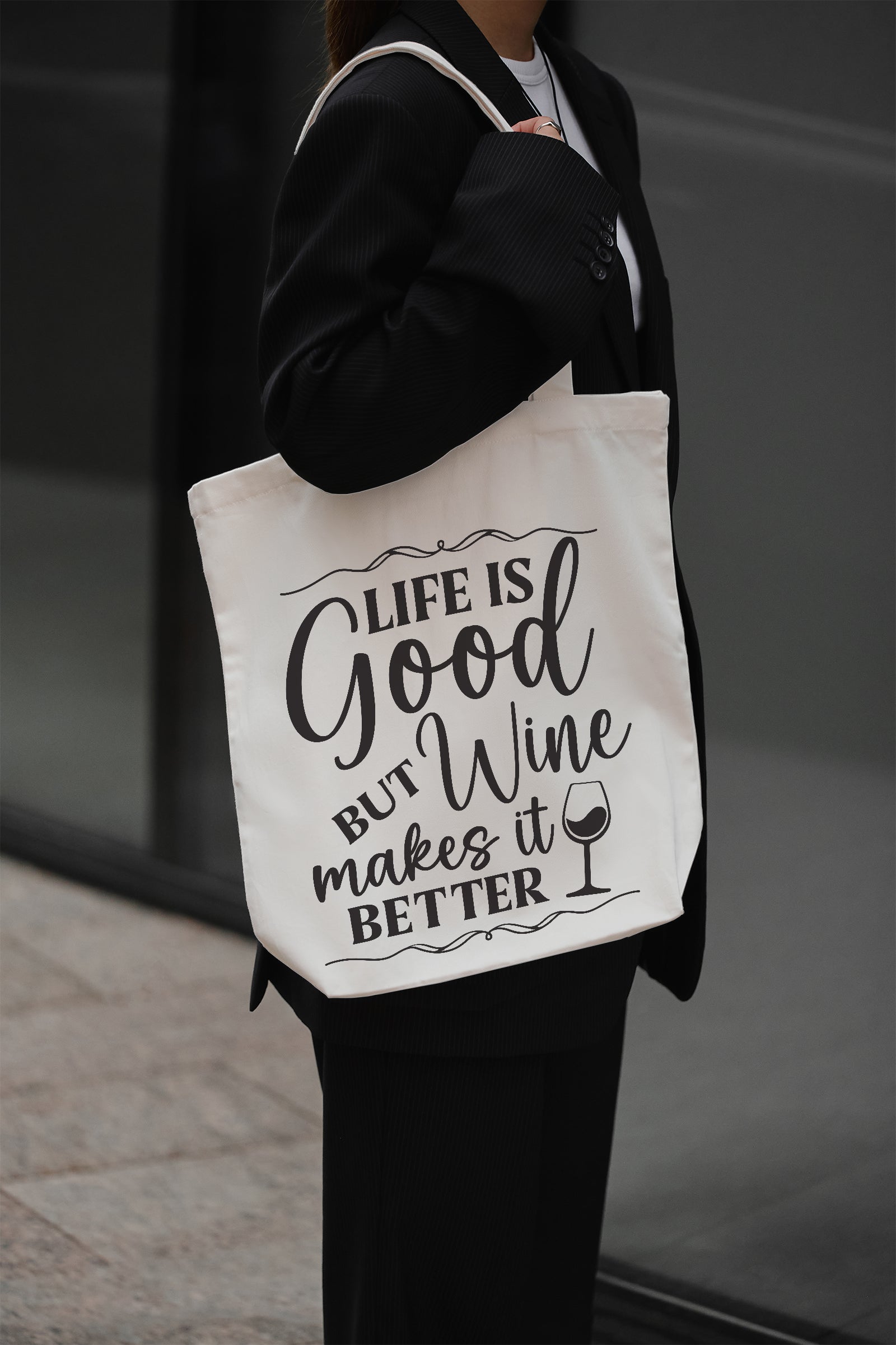 Life is Good but Wine makes it Better Baumwolltasche Stoffbeutel lustig nachhaltig Geschenkidee Wein Spruchtasche 38x42 cm Shopper 11 Farben