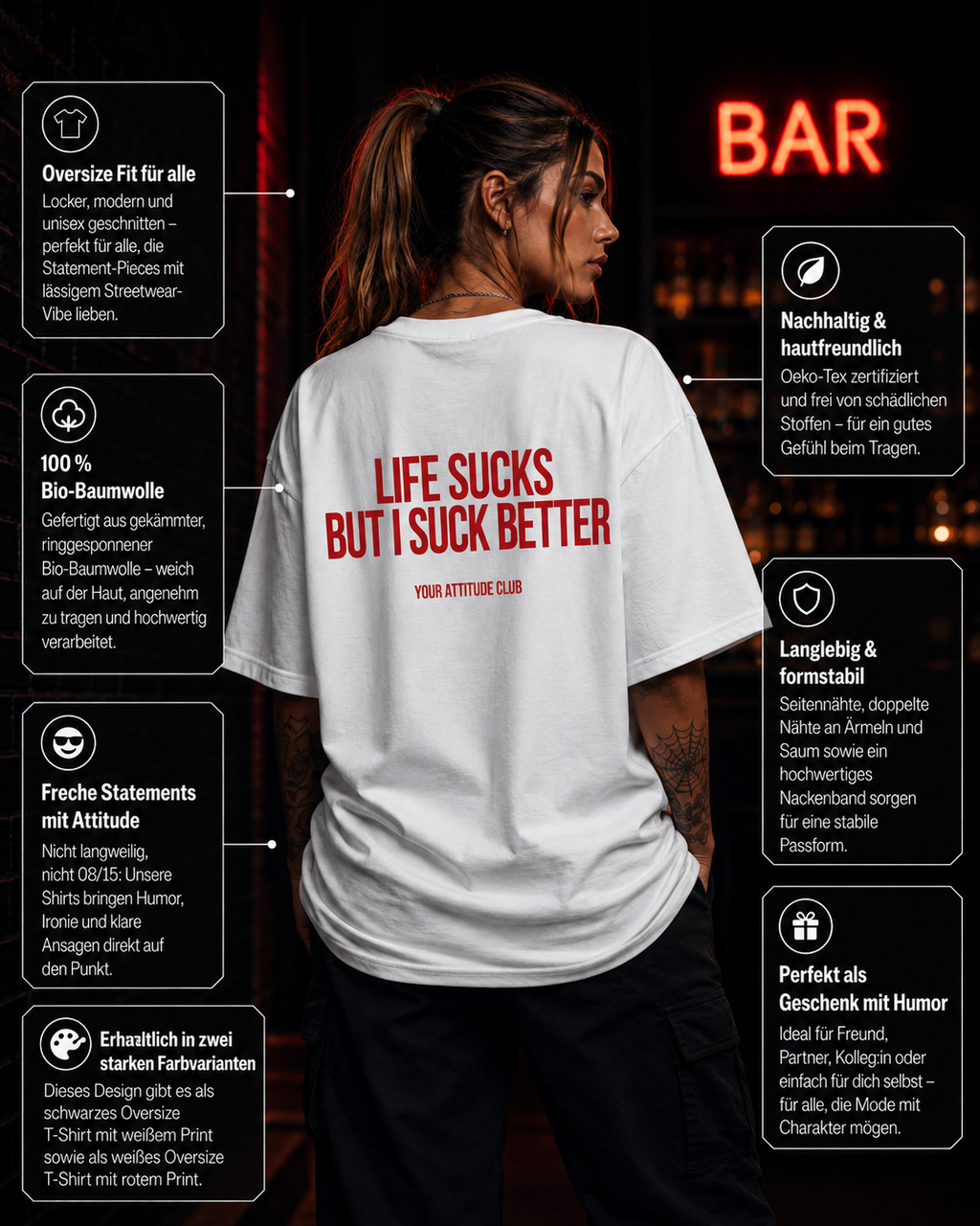 LIFE SUCKS BUT I SUCK BETTER | Oversize Shirt Unisex mit Backprint, Statement Shirt aus Bio-Baumwolle