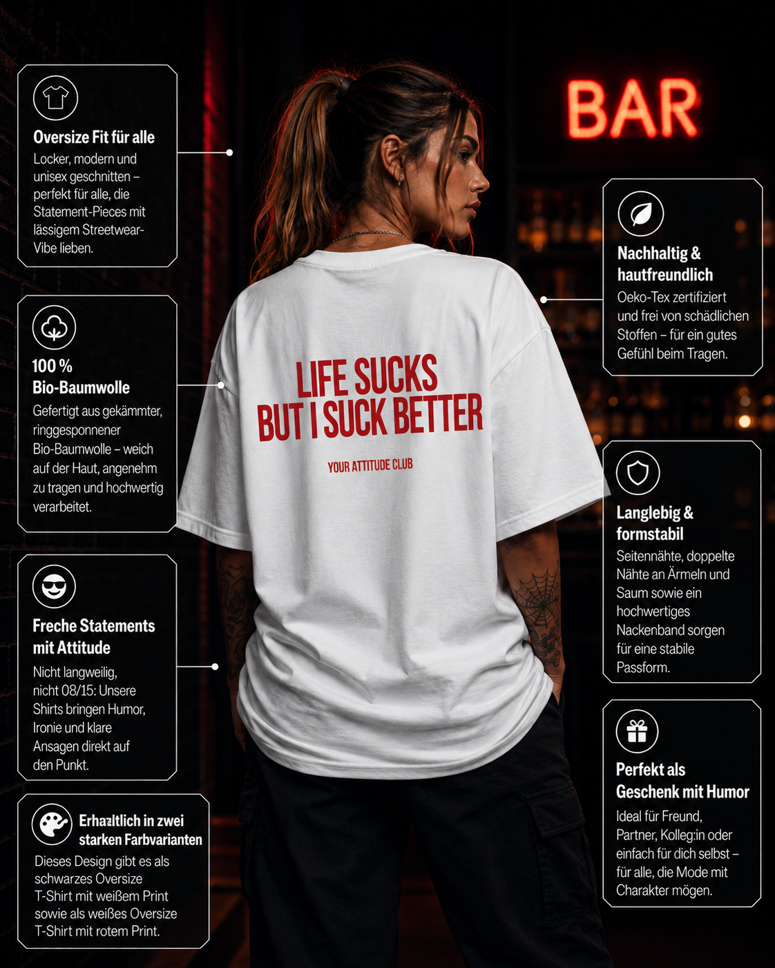 LIFE SUCKS BUT I SUCK BETTER | Oversize Shirt Unisex mit Backprint, Statement Shirt aus Bio-Baumwolle
