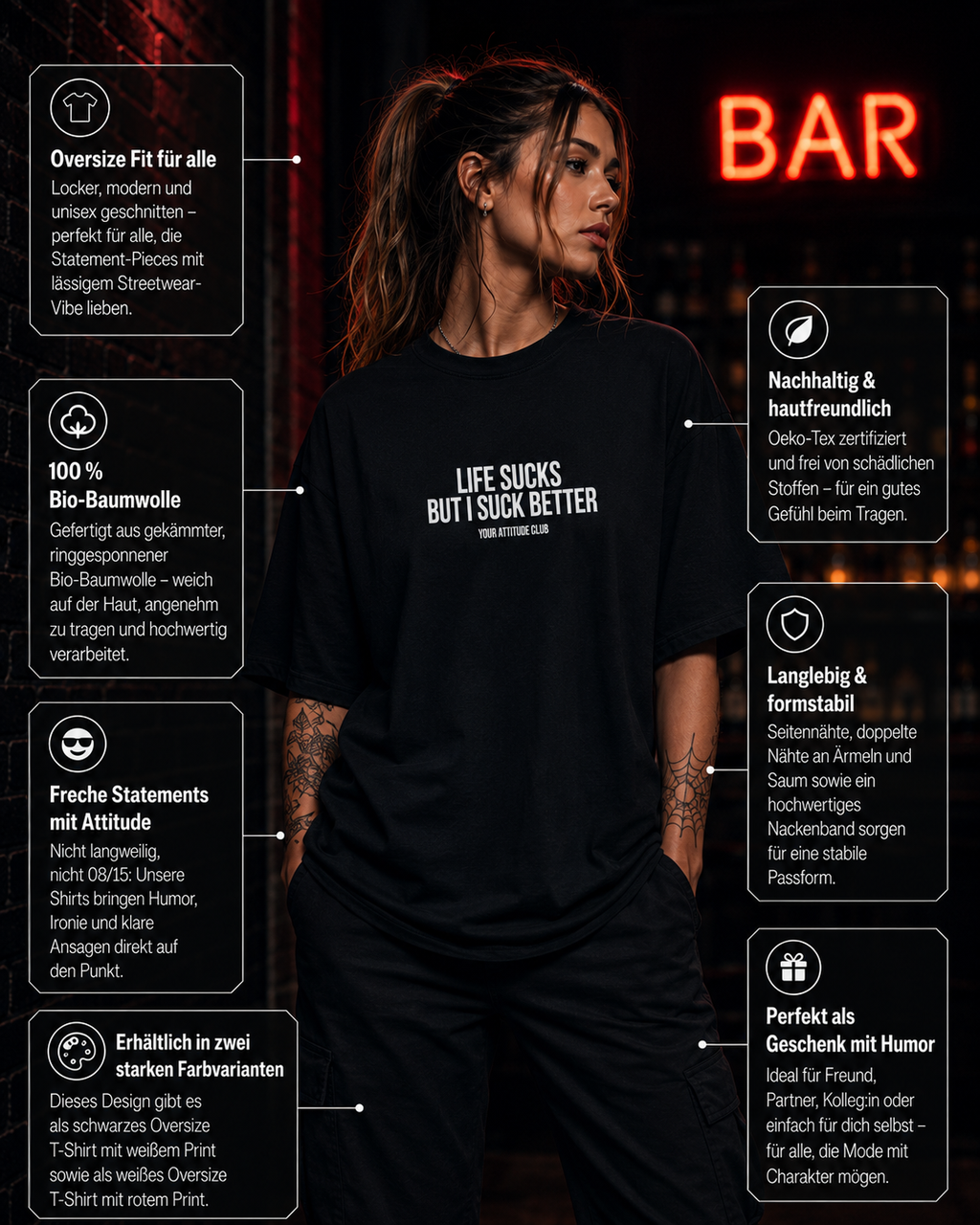 LIFE SUCKS BUT I SUCK BETTER | Oversize Shirt Unisex mit Frontprint, Statement Shirt aus Bio-Baumwolle