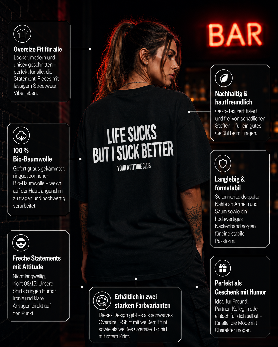 LIFE SUCKS BUT I SUCK BETTER | Oversize Shirt Unisex mit Backprint, Statement Shirt aus Bio-Baumwolle