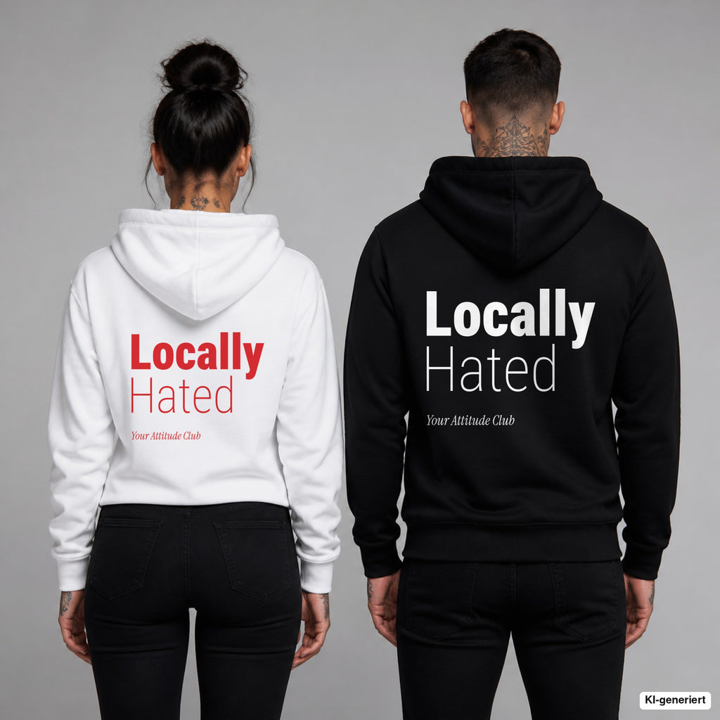Locally Hated – Hoodie mit Backprint, Frau in Weiß mit rotem und Mann in Schwarz mit weißem Aufdruck