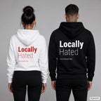 Locally Hated – Hoodie mit Backprint, Frau in Weiß mit rotem und Mann in Schwarz mit weißem Aufdruck