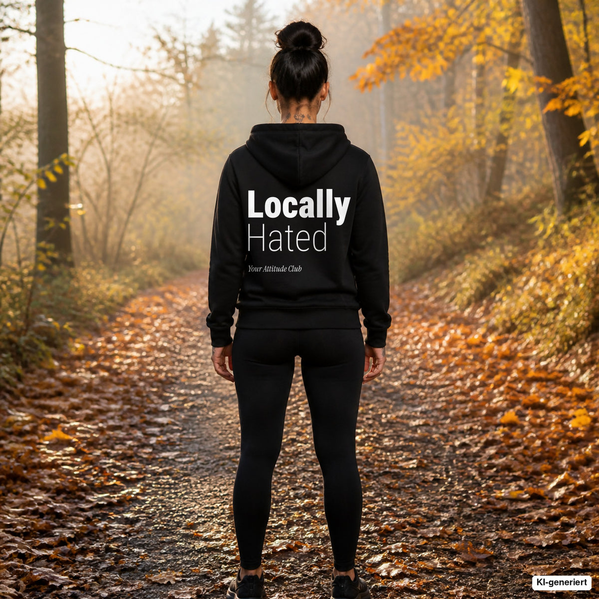 Locally Hated – schwarzer Hoodie mit weißem Backprint, Damen beim Joggen im Herbst