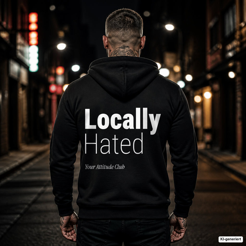 Locally Hated – schwarzer Hoodie mit weißem Backprint, Herren in der Stadt bei Nacht