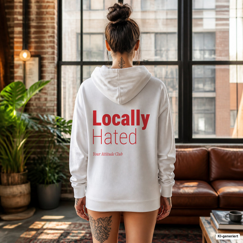 Locally Hated – weißer Hoodie mit rotem Backprint, Damen im Loft