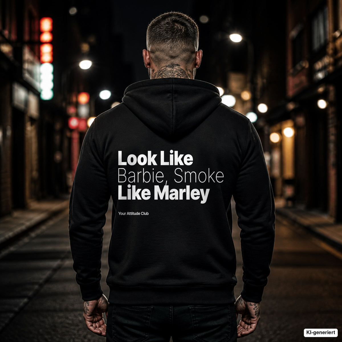 Look Like Barbie, Smoke Like Marley – schwarzer Hoodie mit weißem Backprint, Herren in der Stadt bei Nacht