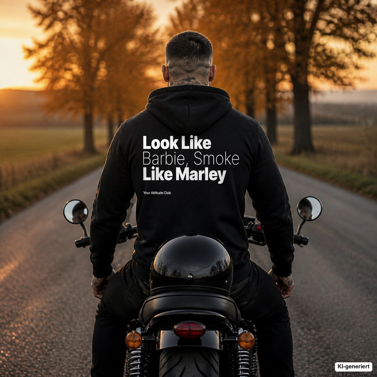 Look Like Barbie, Smoke Like Marley – schwarzer Hoodie mit weißem Backprint, Herren auf dem Motorrad