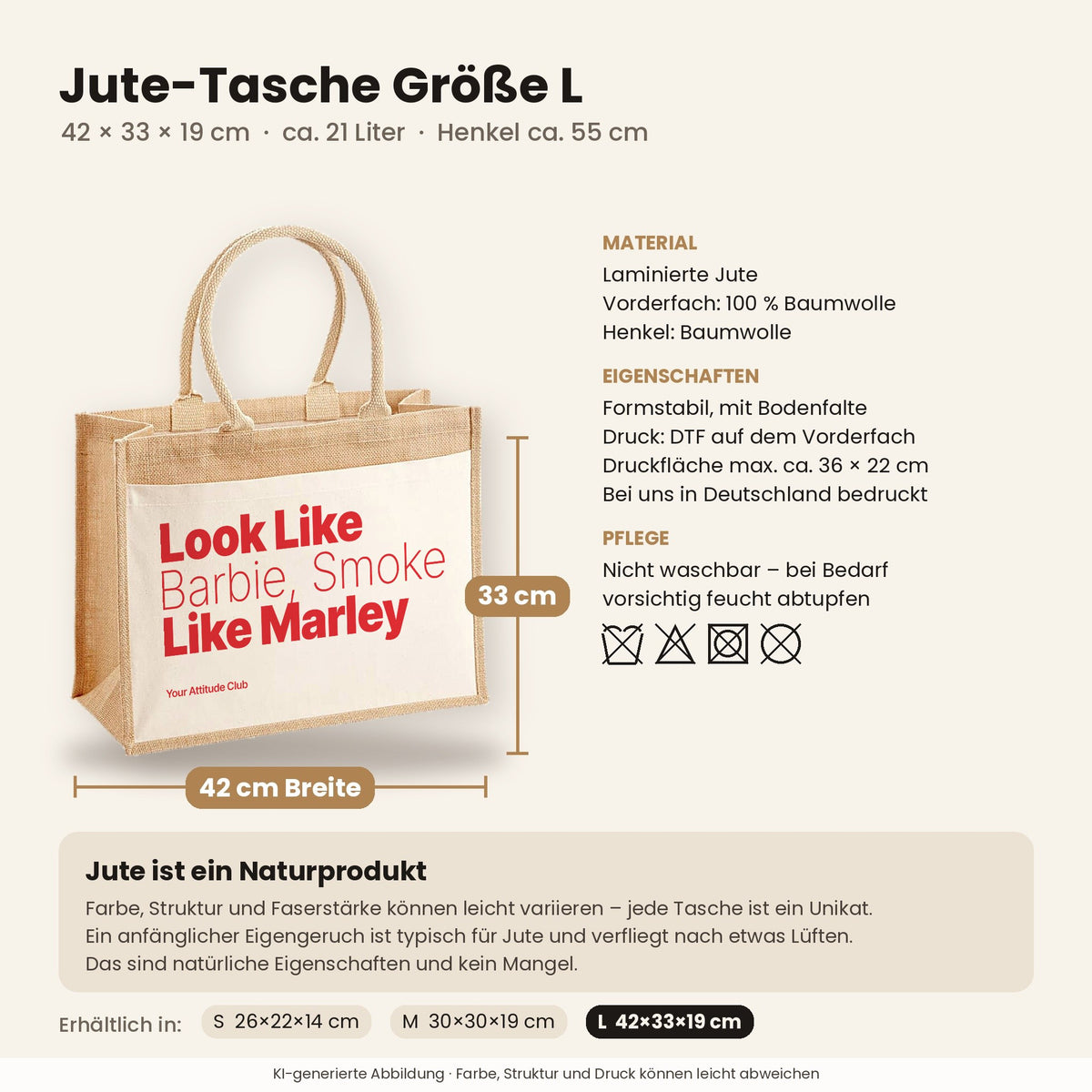 Look Like Barbie, Smoke Like Marley – Jutetasche mit Spruch, Maße, Material und Pflege