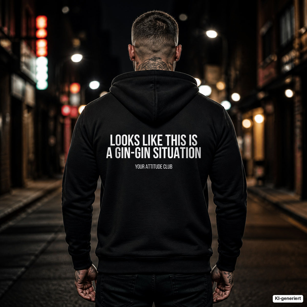 Looks like this is a gin-gin situation – schwarzer Hoodie mit weißem Backprint, Herren in der Stadt bei Nacht