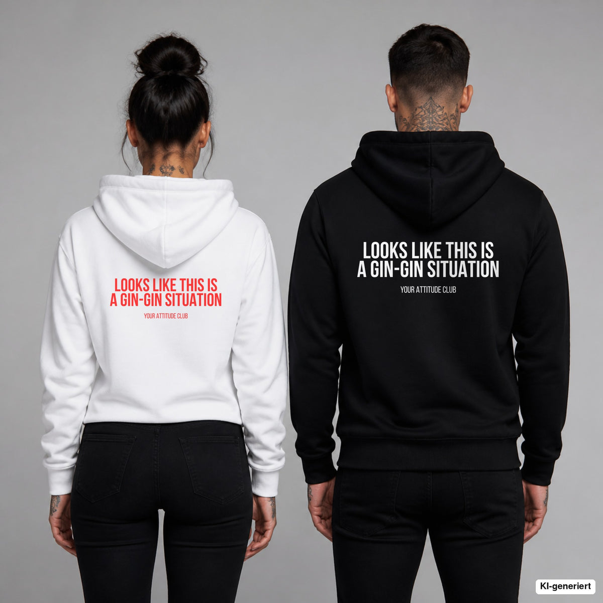 Looks like this is a gin-gin situation – Hoodie mit Backprint, Frau in Weiß mit rotem und Mann in Schwarz mit weißem Aufdruck