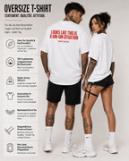LOOKS LIKE THIS IS A GIN-GIN SITUATION – weißes Oversize Unisex Shirt, roter Backprint, Gin Shirt, lustiges Spruchshirt, Party Geschenk