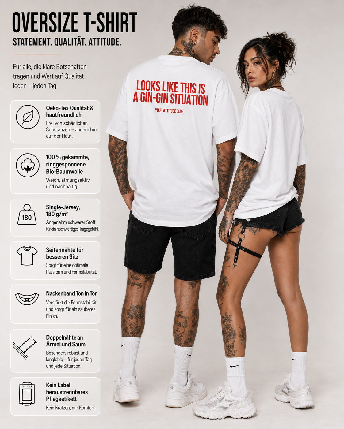LOOKS LIKE THIS IS A GIN-GIN SITUATION – weißes Oversize Unisex Shirt, roter Backprint, Gin Shirt, lustiges Spruchshirt, Party Geschenk
