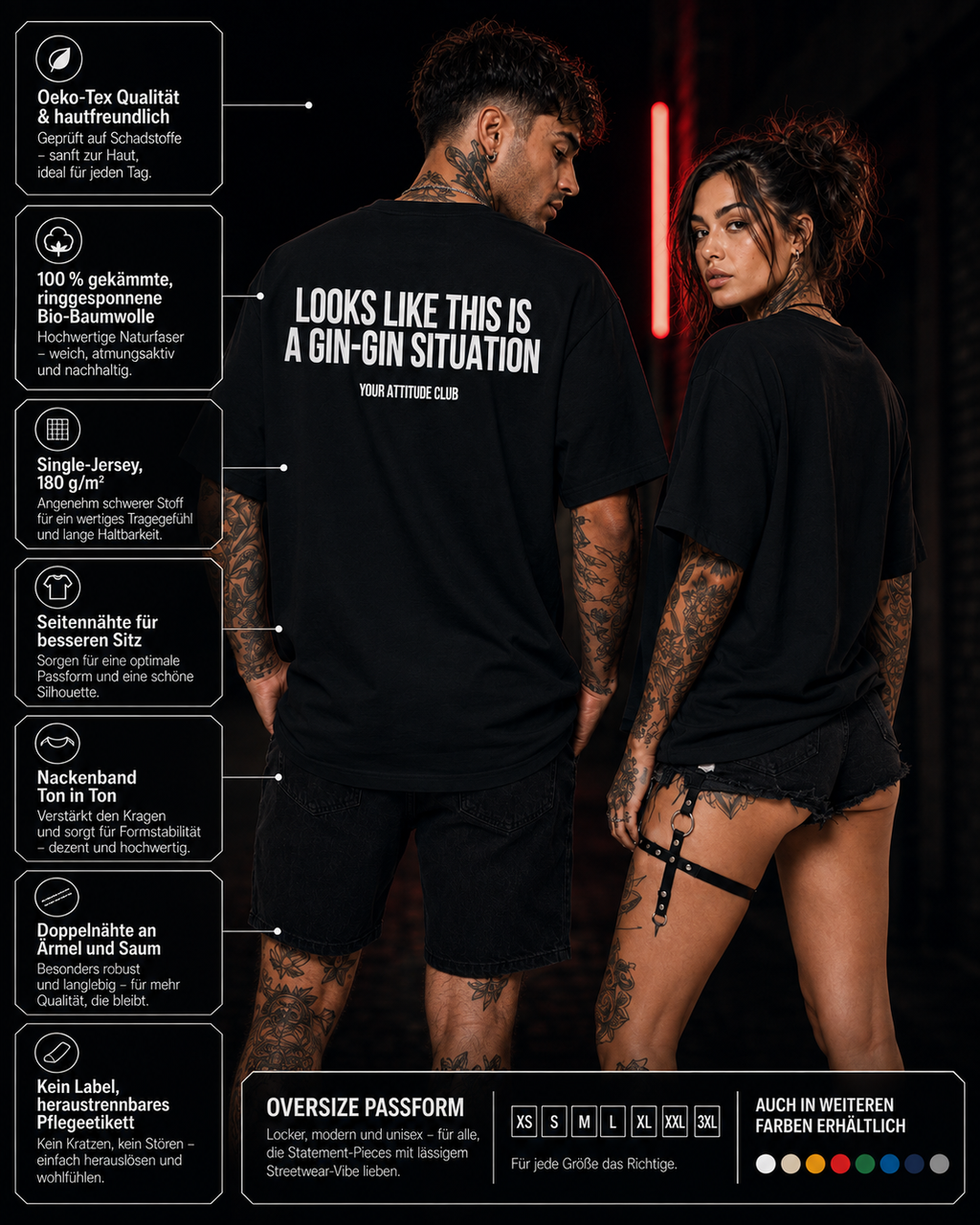 LOOKS LIKE THIS IS A GIN-GIN SITUATION – weißes Oversize Unisex Shirt, roter Backprint, Gin Shirt, lustiges Spruchshirt, Party Geschenk