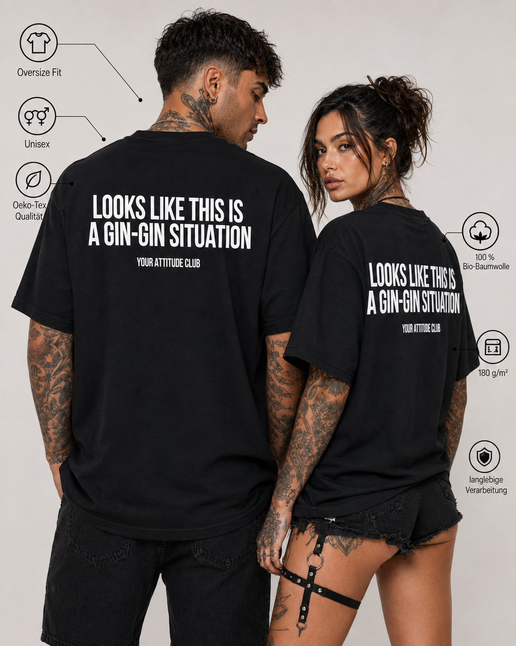 LOOKS LIKE THIS IS A GIN-GIN SITUATION – schwarzes Oversize Unisex Shirt, weißer Backprint, Gin Shirt, lustiges Spruchshirt, Party Geschenk