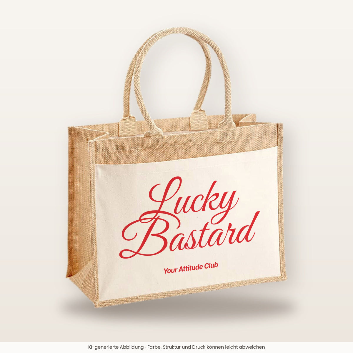Lucky Bastard – Jutetasche mit Spruch, große Jutetasche, Produktansicht