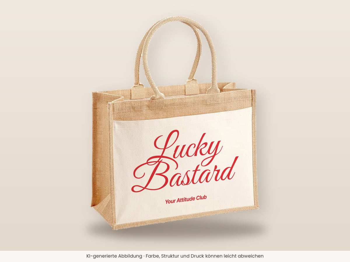 Lucky Bastard – Jutetasche mit Spruch, große Jutetasche, Detailansicht