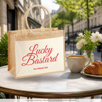 Lucky Bastard – Jutetasche mit Spruch, im Café