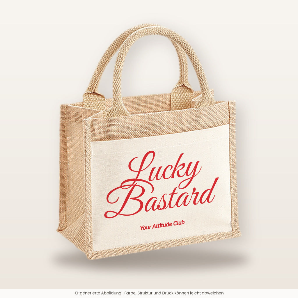 Lucky Bastard – Jutetasche mit Spruch, kleine Jutetasche 26 × 22 cm