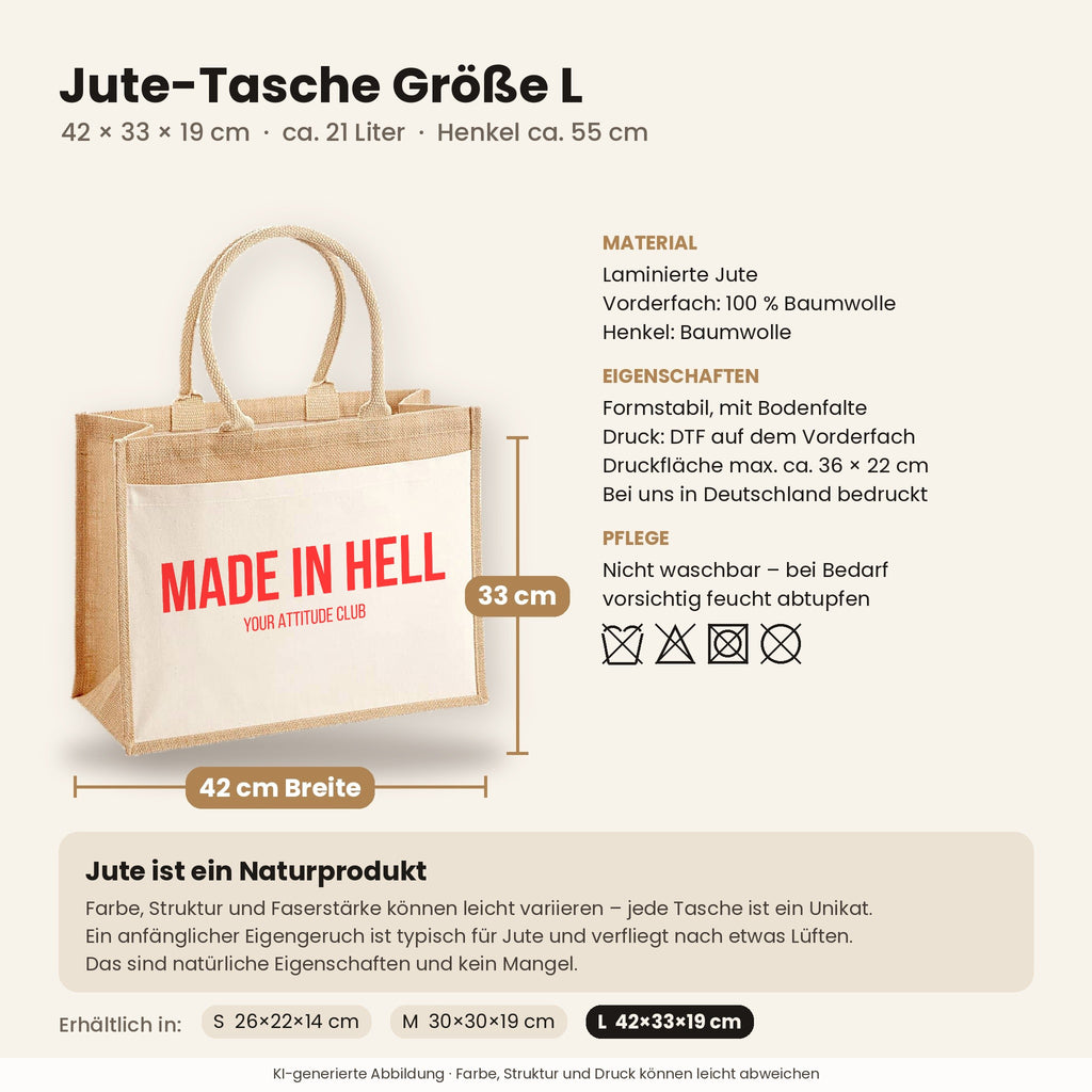 Made in hell – Jutetasche mit Spruch, Maße, Material und Pflege
