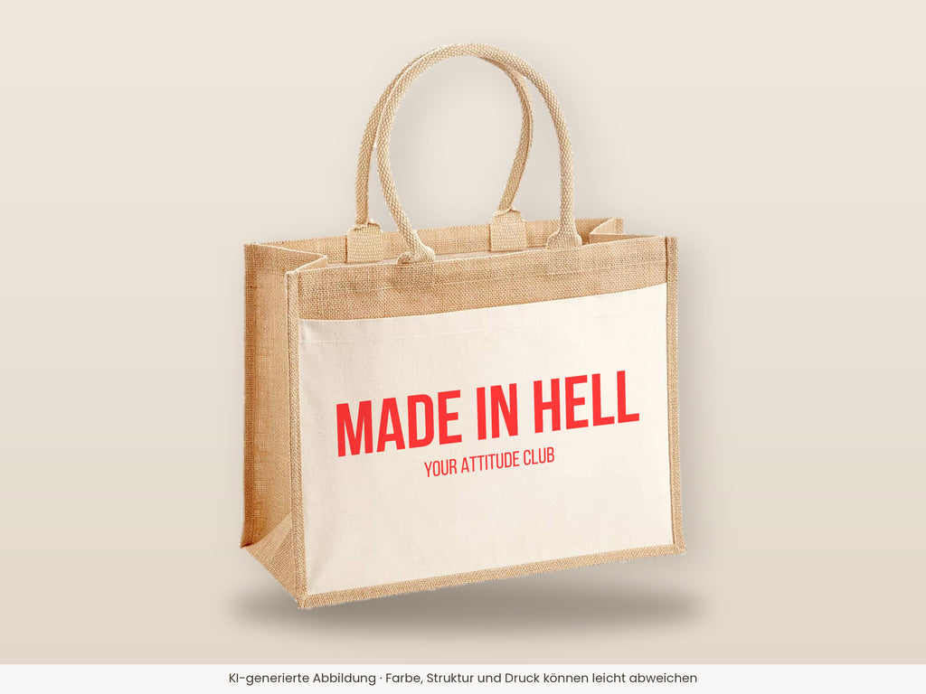 Made in hell – Jutetasche mit Spruch, große Jutetasche, Detailansicht
