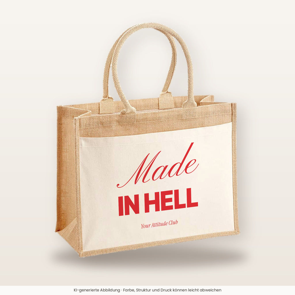 Made In Hell – Jutetasche mit Spruch, große Jutetasche, Produktansicht