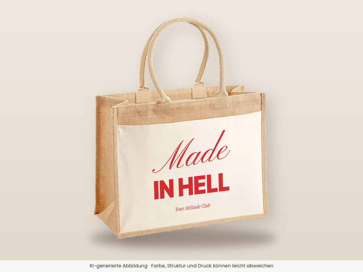 Made In Hell – Jutetasche mit Spruch, große Jutetasche, Detailansicht