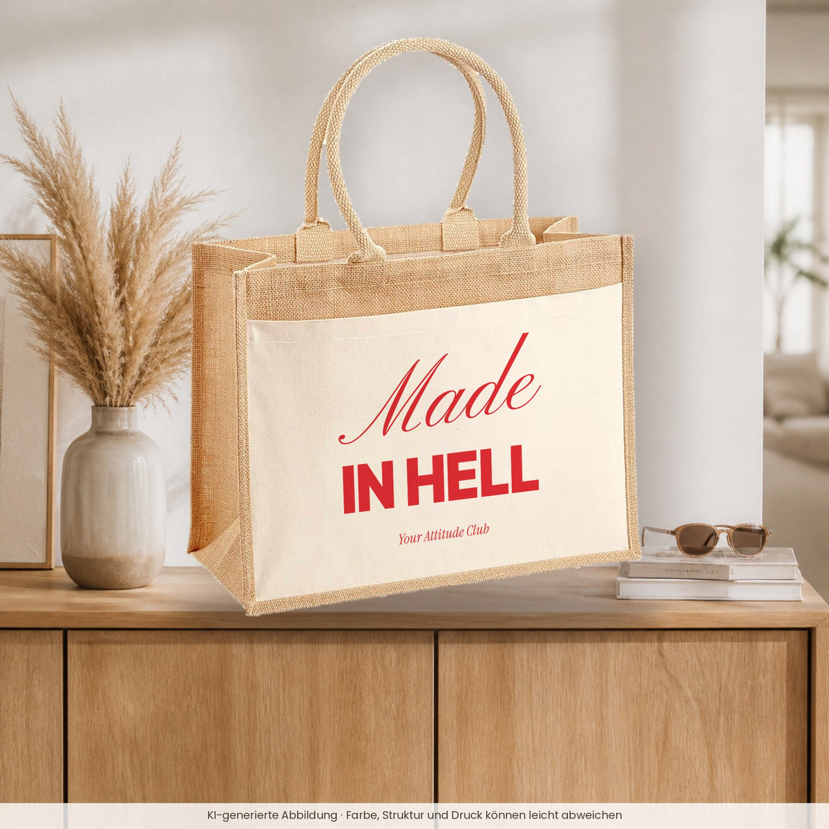 Made In Hell – Jutetasche mit Spruch, auf dem Sideboard im Flur