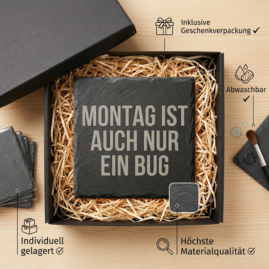 Montag ist auch nur ein Bug – Schiefer Untersetzer 10x10 cm, lustiges Büro Geschenk, Geschenk für Arbeitskollegen, handgravierter Naturstein