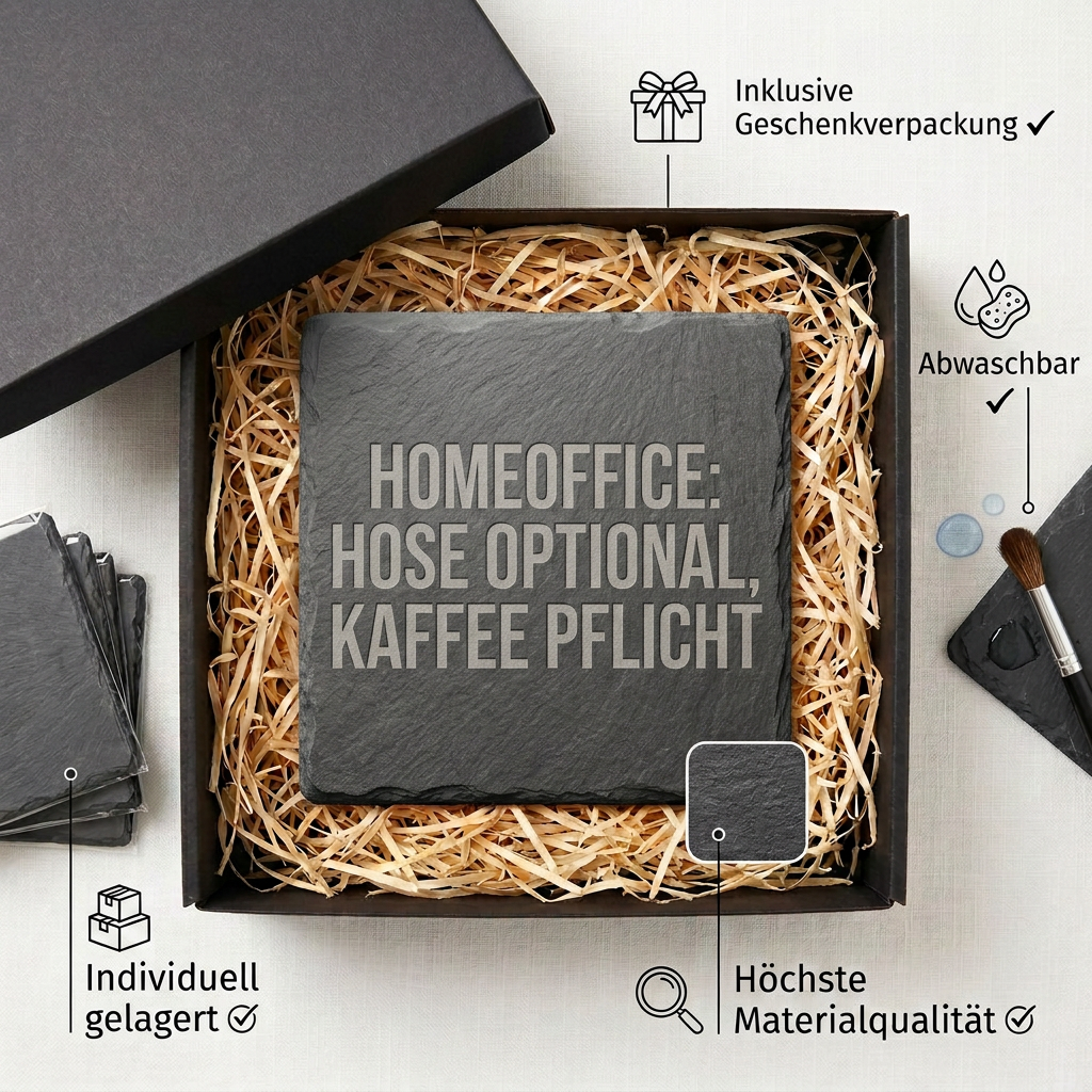 Homeoffice: Hose optional, Kaffee Pflicht – Schiefer Untersetzer 10x10 cm, lustiges Büro Geschenk, Geschenk für Arbeitskollegen, handgravierter Naturstein