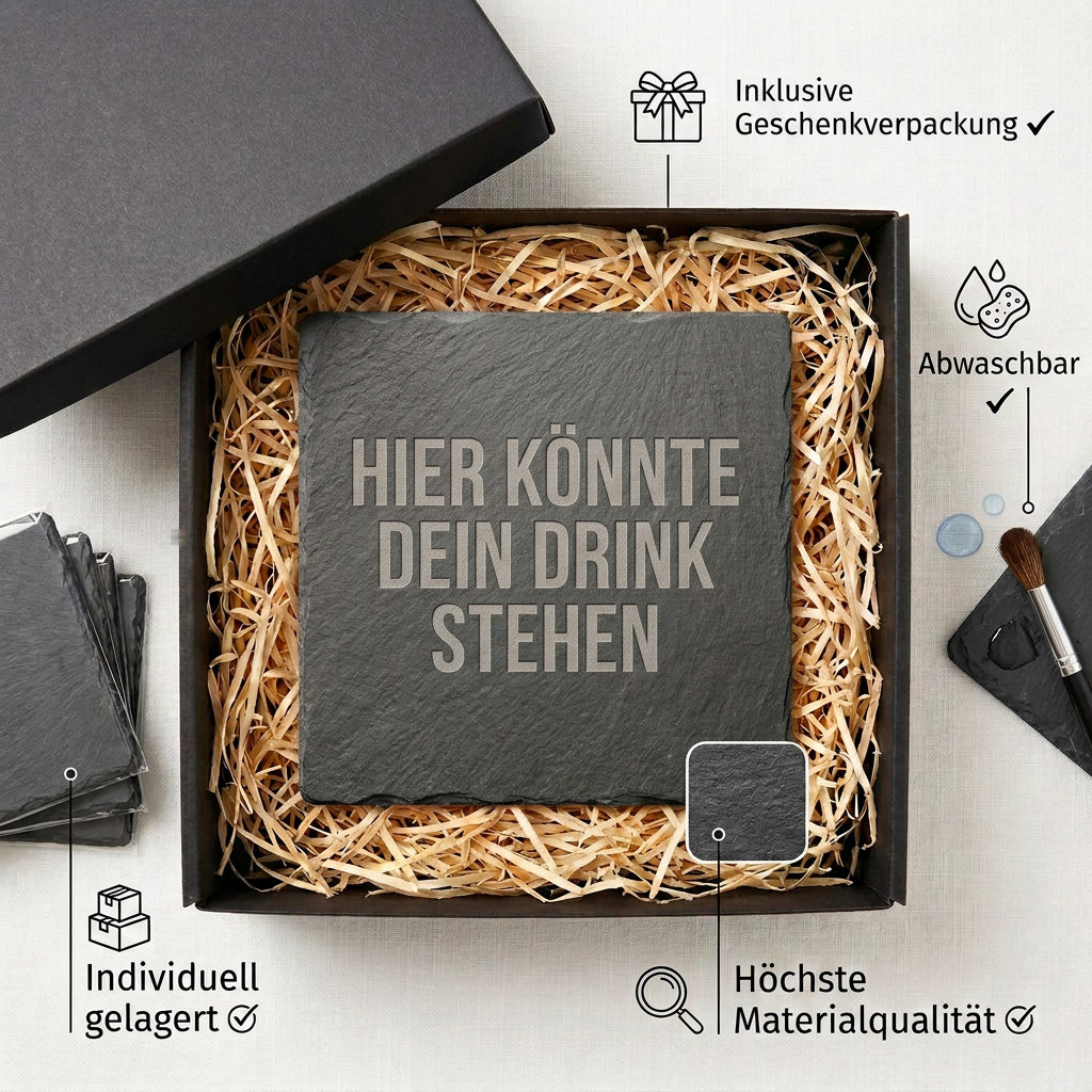 Hier könnte dein Drink stehen – Schiefer Untersetzer 10x10 cm, lustiges Geschenk für Arbeitskollegen, Büro Geschenk, handgravierter Naturstein
