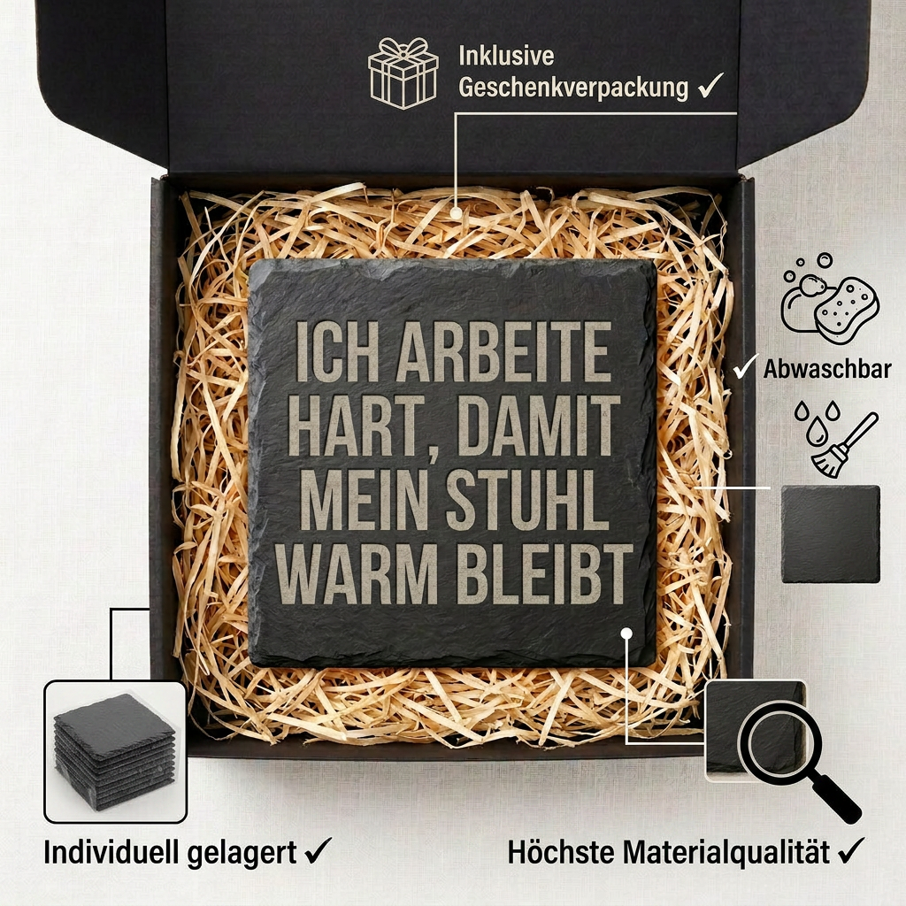 Ich arbeite hart, damit mein Stuhl warm bleibt – Schiefer Untersetzer 10x10 cm, lustiges Büro Geschenk, Geschenk für Arbeitskollegen, handgravierter Naturstein
