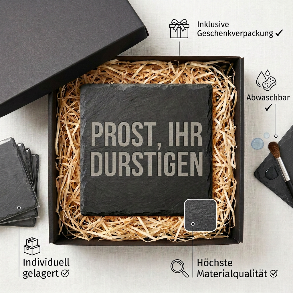 Prost, ihr Durstigen – Schiefer Untersetzer 10x10 cm, lustiges Büro Geschenk, Geschenk für Arbeitskollegen, handgravierter Naturstein
