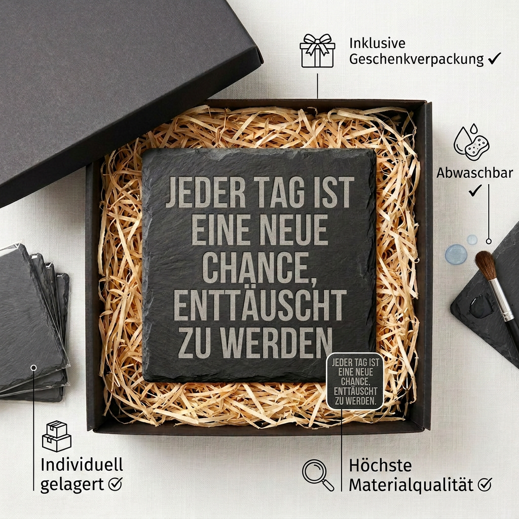 Jeder Tag ist eine neue Chance, enttäuscht zu werden. – Schiefer Untersetzer 10x10 cm, lustiges Büro Geschenk, Geschenk für Arbeitskollegen, handgravierter Naturstein